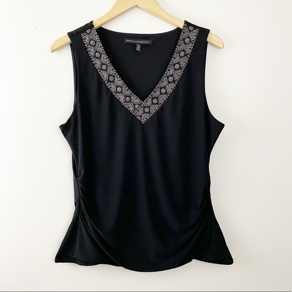 White House Black Market Tops - White House Black Market Black Beaded Ruched  V-neck Sleeveless Knit Top XL